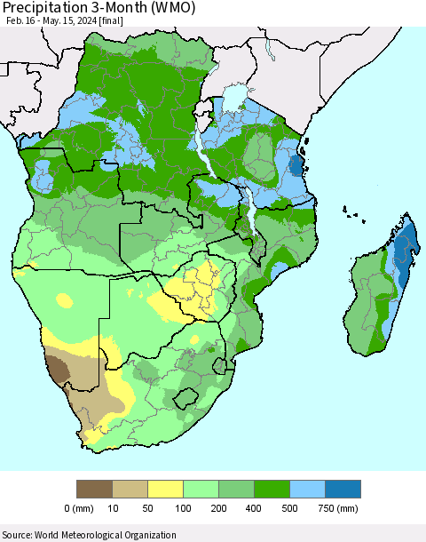 Southern Africa Precipitation 3-Month (WMO) Thematic Map For 2/16/2024 - 5/15/2024