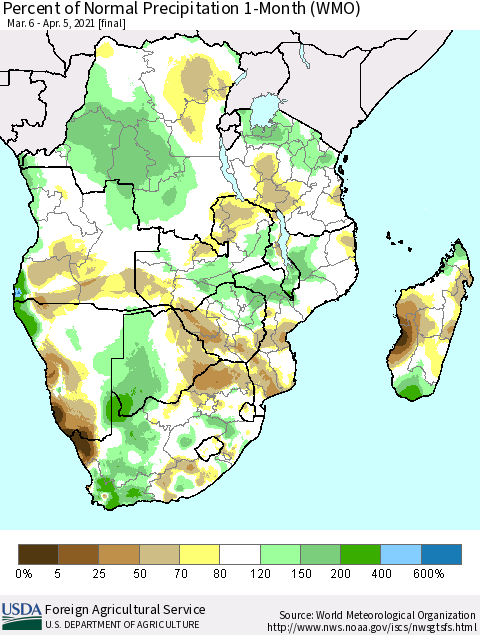 Southern Africa Percent of Normal Precipitation 1-Month (WMO) Thematic Map For 3/6/2021 - 4/5/2021