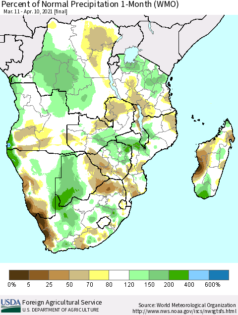 Southern Africa Percent of Normal Precipitation 1-Month (WMO) Thematic Map For 3/11/2021 - 4/10/2021
