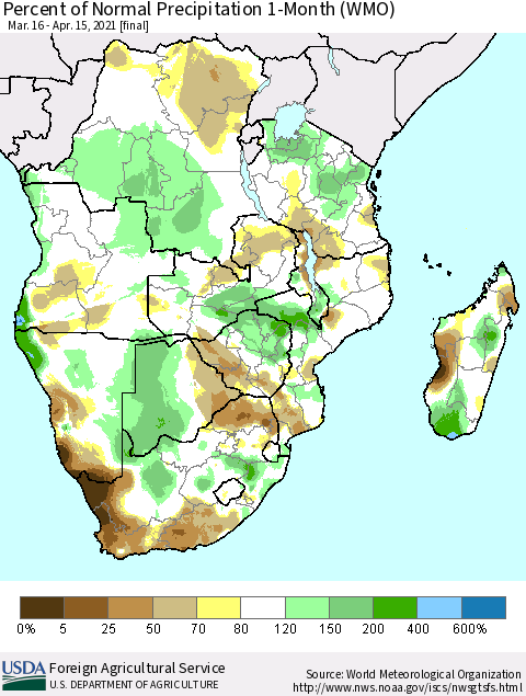 Southern Africa Percent of Normal Precipitation 1-Month (WMO) Thematic Map For 3/16/2021 - 4/15/2021