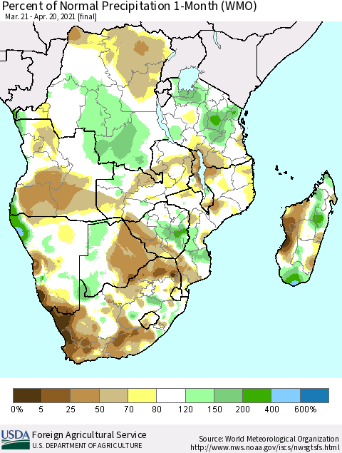 Southern Africa Percent of Normal Precipitation 1-Month (WMO) Thematic Map For 3/21/2021 - 4/20/2021