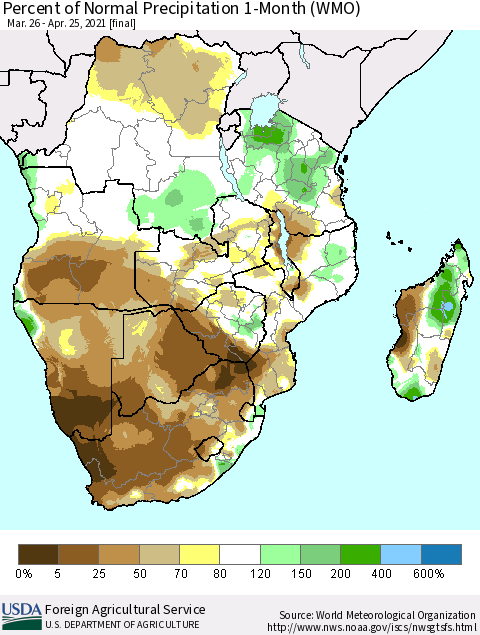 Southern Africa Percent of Normal Precipitation 1-Month (WMO) Thematic Map For 3/26/2021 - 4/25/2021