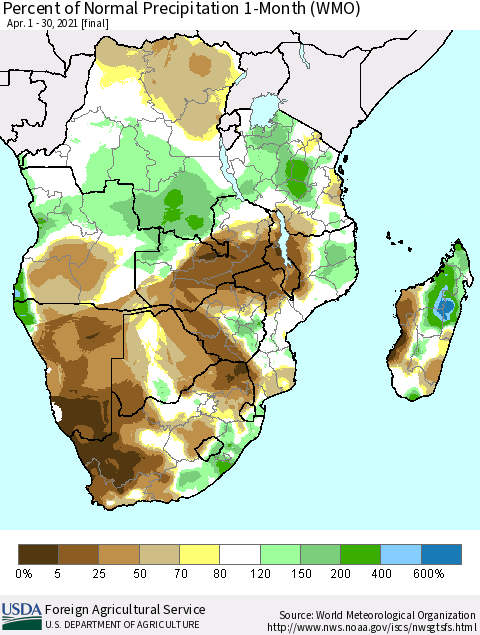 Southern Africa Percent of Normal Precipitation 1-Month (WMO) Thematic Map For 4/1/2021 - 4/30/2021