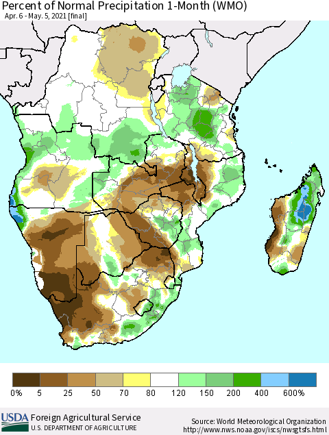 Southern Africa Percent of Normal Precipitation 1-Month (WMO) Thematic Map For 4/6/2021 - 5/5/2021