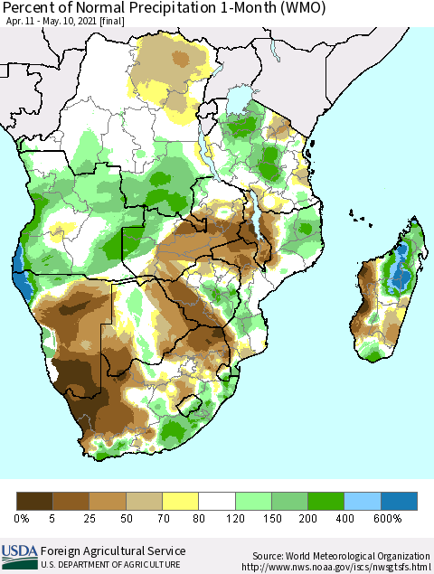 Southern Africa Percent of Normal Precipitation 1-Month (WMO) Thematic Map For 4/11/2021 - 5/10/2021