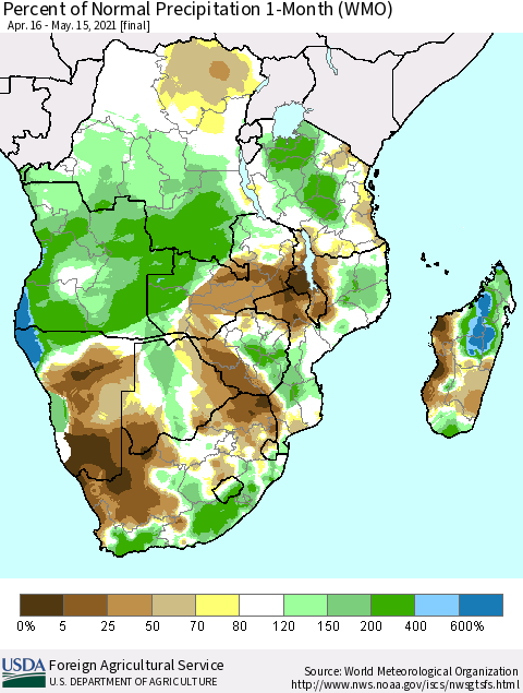 Southern Africa Percent of Normal Precipitation 1-Month (WMO) Thematic Map For 4/16/2021 - 5/15/2021