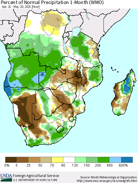 Southern Africa Percent of Normal Precipitation 1-Month (WMO) Thematic Map For 4/21/2021 - 5/20/2021