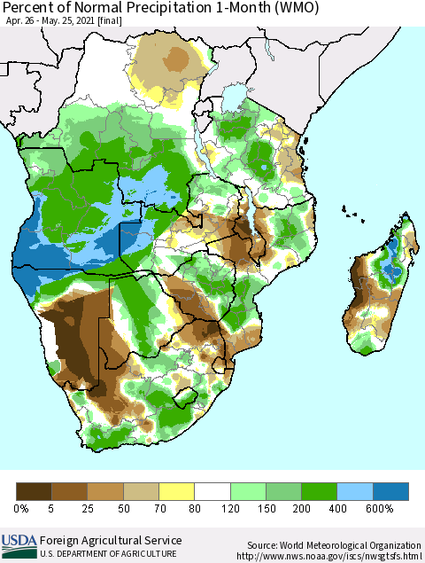 Southern Africa Percent of Normal Precipitation 1-Month (WMO) Thematic Map For 4/26/2021 - 5/25/2021