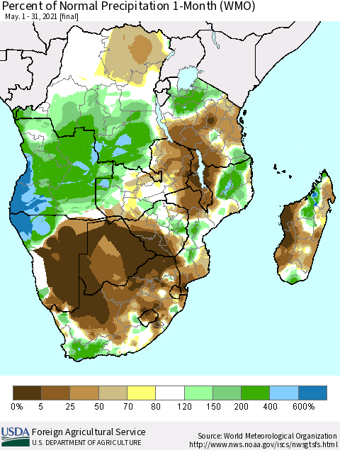 Southern Africa Percent of Normal Precipitation 1-Month (WMO) Thematic Map For 5/1/2021 - 5/31/2021