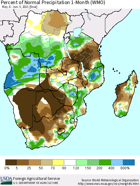 Southern Africa Percent of Normal Precipitation 1-Month (WMO) Thematic Map For 5/6/2021 - 6/5/2021