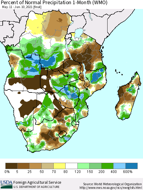 Southern Africa Percent of Normal Precipitation 1-Month (WMO) Thematic Map For 5/11/2021 - 6/10/2021