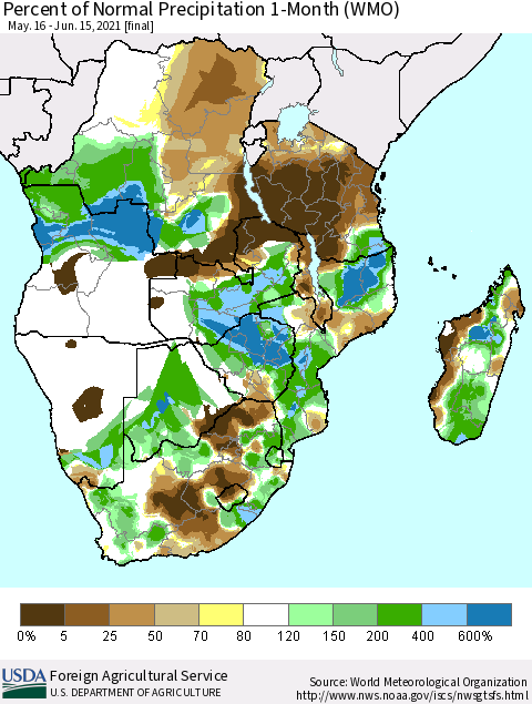 Southern Africa Percent of Normal Precipitation 1-Month (WMO) Thematic Map For 5/16/2021 - 6/15/2021