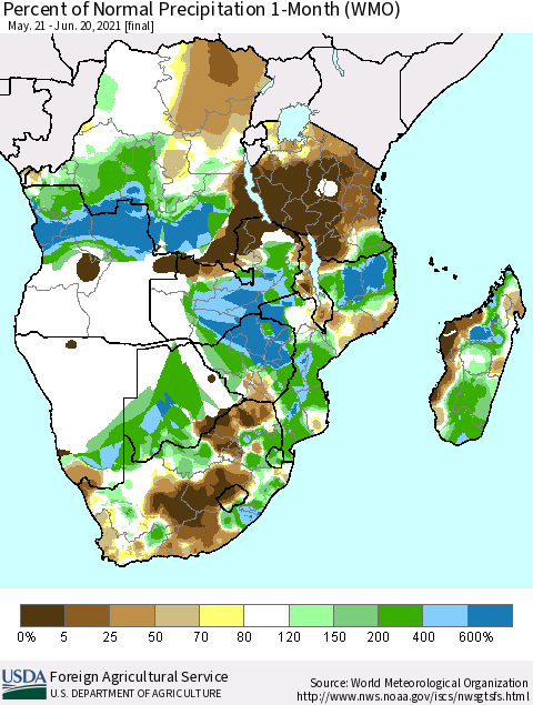Southern Africa Percent of Normal Precipitation 1-Month (WMO) Thematic Map For 5/21/2021 - 6/20/2021