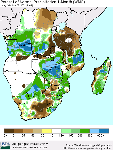 Southern Africa Percent of Normal Precipitation 1-Month (WMO) Thematic Map For 5/26/2021 - 6/25/2021