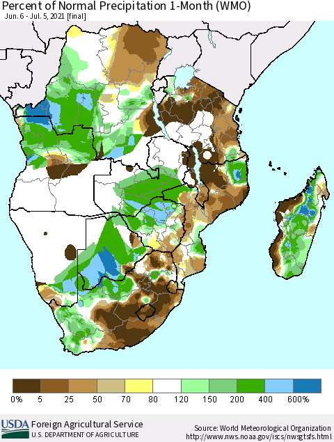 Southern Africa Percent of Normal Precipitation 1-Month (WMO) Thematic Map For 6/6/2021 - 7/5/2021