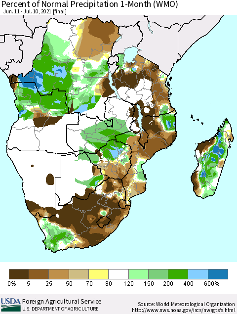 Southern Africa Percent of Normal Precipitation 1-Month (WMO) Thematic Map For 6/11/2021 - 7/10/2021