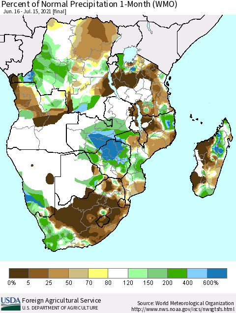 Southern Africa Percent of Normal Precipitation 1-Month (WMO) Thematic Map For 6/16/2021 - 7/15/2021
