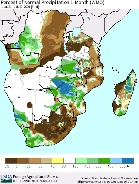 Southern Africa Percent of Normal Precipitation 1-Month (WMO) Thematic Map For 6/21/2021 - 7/20/2021