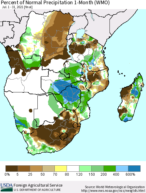 Southern Africa Percent of Normal Precipitation 1-Month (WMO) Thematic Map For 7/1/2021 - 7/31/2021