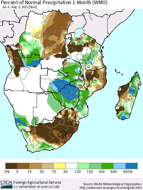 Southern Africa Percent of Normal Precipitation 1-Month (WMO) Thematic Map For 7/6/2021 - 8/5/2021