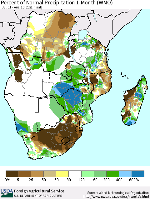 Southern Africa Percent of Normal Precipitation 1-Month (WMO) Thematic Map For 7/11/2021 - 8/10/2021