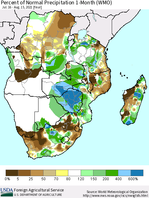 Southern Africa Percent of Normal Precipitation 1-Month (WMO) Thematic Map For 7/16/2021 - 8/15/2021