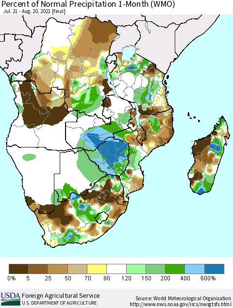 Southern Africa Percent of Normal Precipitation 1-Month (WMO) Thematic Map For 7/21/2021 - 8/20/2021
