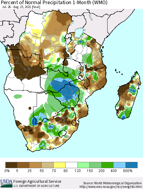 Southern Africa Percent of Normal Precipitation 1-Month (WMO) Thematic Map For 7/26/2021 - 8/25/2021