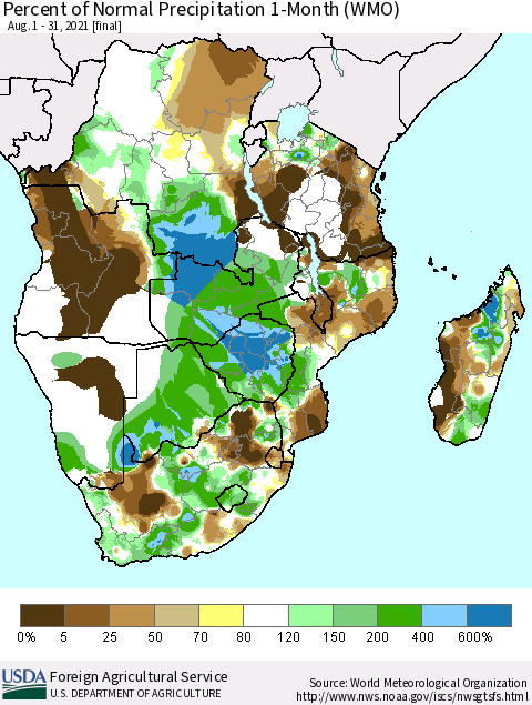 Southern Africa Percent of Normal Precipitation 1-Month (WMO) Thematic Map For 8/1/2021 - 8/31/2021