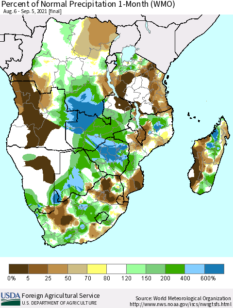 Southern Africa Percent of Normal Precipitation 1-Month (WMO) Thematic Map For 8/6/2021 - 9/5/2021