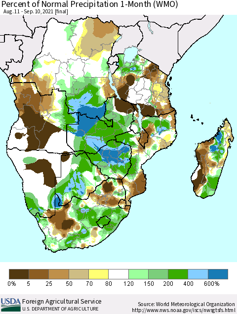 Southern Africa Percent of Normal Precipitation 1-Month (WMO) Thematic Map For 8/11/2021 - 9/10/2021