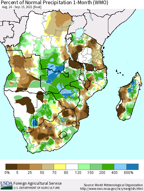 Southern Africa Percent of Normal Precipitation 1-Month (WMO) Thematic Map For 8/16/2021 - 9/15/2021