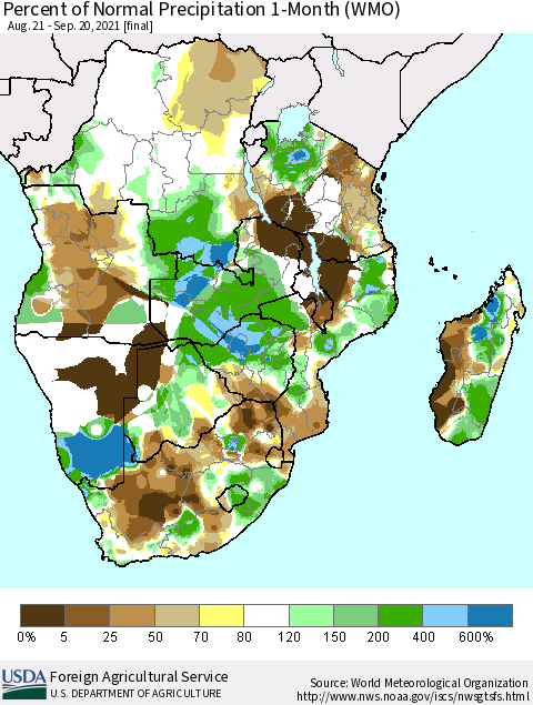 Southern Africa Percent of Normal Precipitation 1-Month (WMO) Thematic Map For 8/21/2021 - 9/20/2021