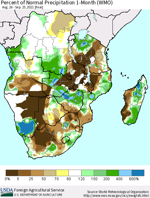Southern Africa Percent of Normal Precipitation 1-Month (WMO) Thematic Map For 8/26/2021 - 9/25/2021