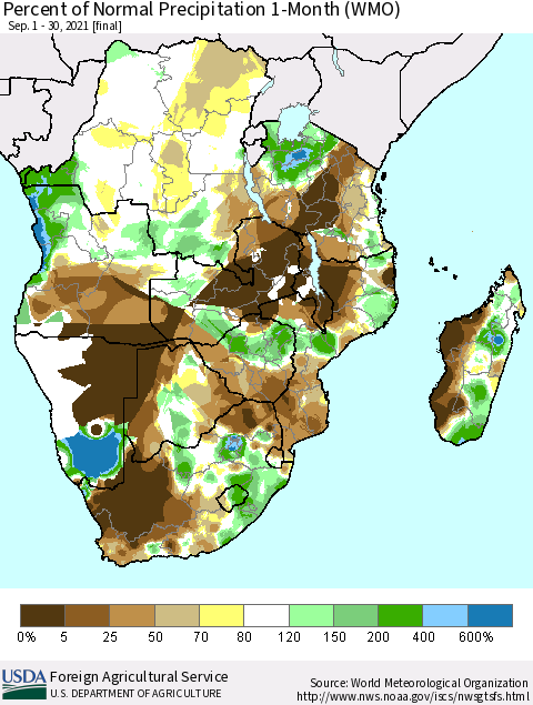 Southern Africa Percent of Normal Precipitation 1-Month (WMO) Thematic Map For 9/1/2021 - 9/30/2021