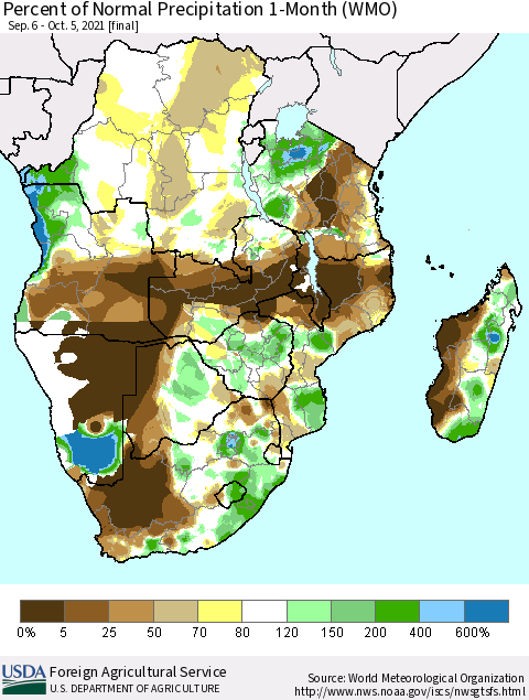 Southern Africa Percent of Normal Precipitation 1-Month (WMO) Thematic Map For 9/6/2021 - 10/5/2021