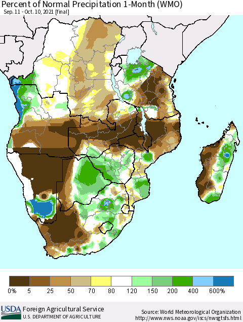 Southern Africa Percent of Normal Precipitation 1-Month (WMO) Thematic Map For 9/11/2021 - 10/10/2021