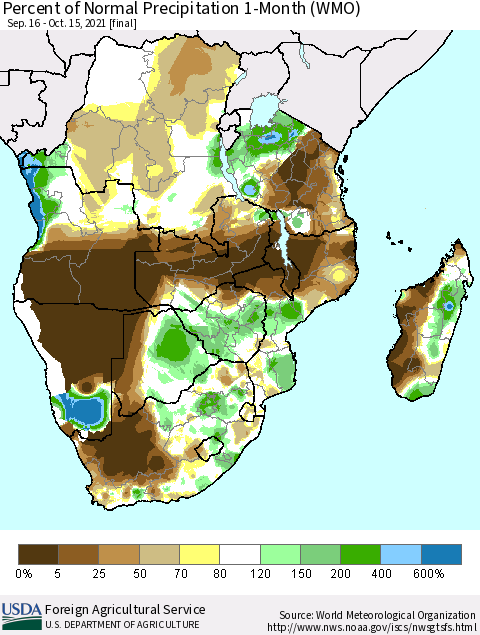 Southern Africa Percent of Normal Precipitation 1-Month (WMO) Thematic Map For 9/16/2021 - 10/15/2021
