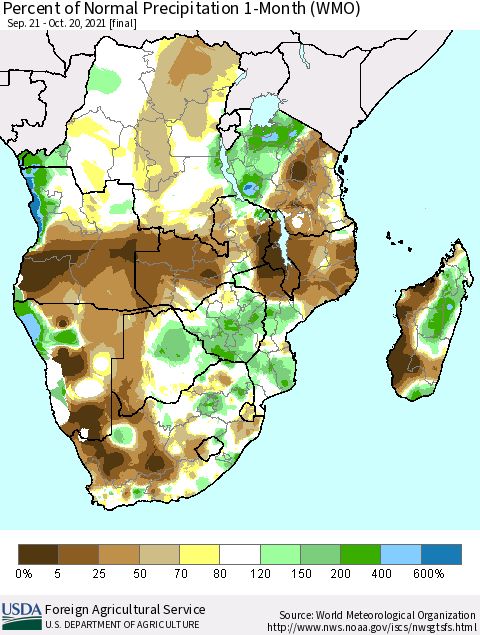 Southern Africa Percent of Normal Precipitation 1-Month (WMO) Thematic Map For 9/21/2021 - 10/20/2021