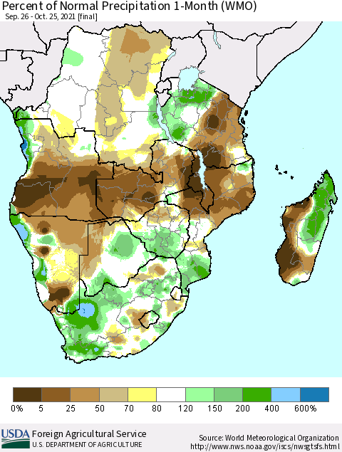 Southern Africa Percent of Normal Precipitation 1-Month (WMO) Thematic Map For 9/26/2021 - 10/25/2021