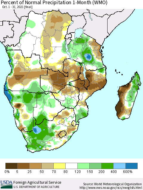 Southern Africa Percent of Normal Precipitation 1-Month (WMO) Thematic Map For 10/1/2021 - 10/31/2021