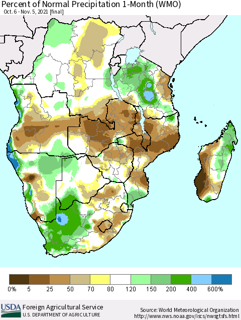 Southern Africa Percent of Normal Precipitation 1-Month (WMO) Thematic Map For 10/6/2021 - 11/5/2021