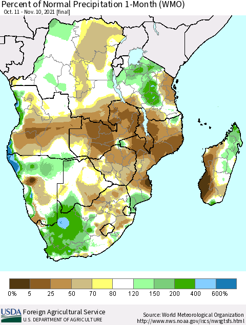 Southern Africa Percent of Normal Precipitation 1-Month (WMO) Thematic Map For 10/11/2021 - 11/10/2021