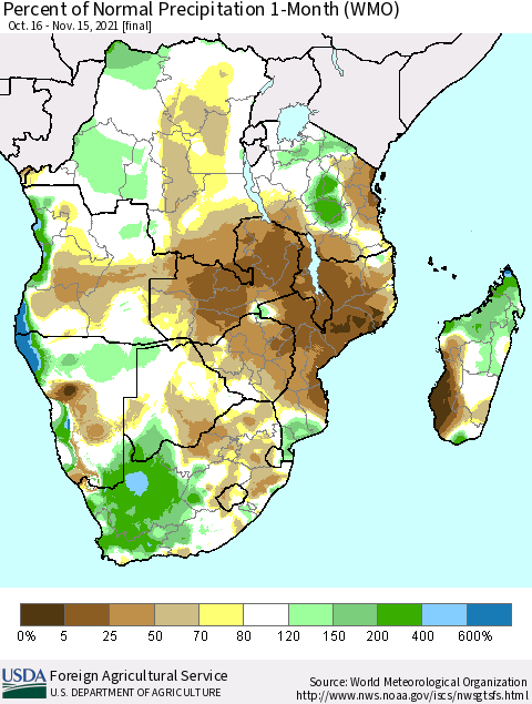 Southern Africa Percent of Normal Precipitation 1-Month (WMO) Thematic Map For 10/16/2021 - 11/15/2021