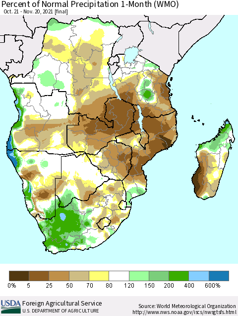 Southern Africa Percent of Normal Precipitation 1-Month (WMO) Thematic Map For 10/21/2021 - 11/20/2021