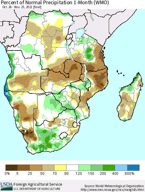 Southern Africa Percent of Normal Precipitation 1-Month (WMO) Thematic Map For 10/26/2021 - 11/25/2021