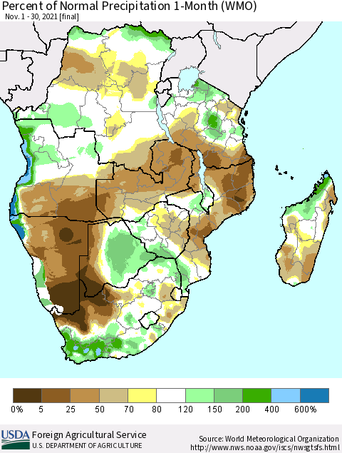 Southern Africa Percent of Normal Precipitation 1-Month (WMO) Thematic Map For 11/1/2021 - 11/30/2021