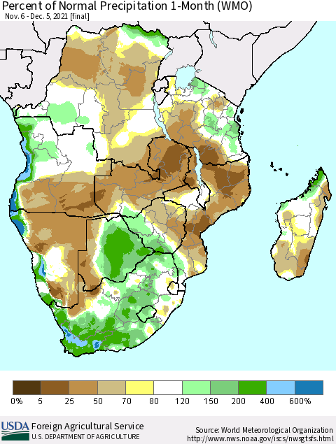 Southern Africa Percent of Normal Precipitation 1-Month (WMO) Thematic Map For 11/6/2021 - 12/5/2021