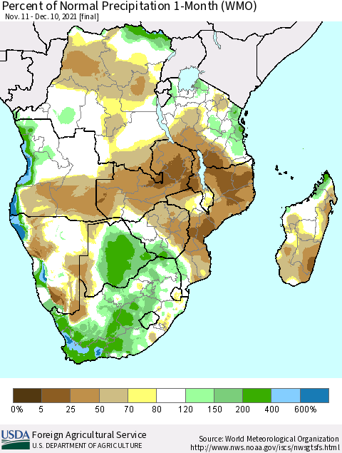Southern Africa Percent of Normal Precipitation 1-Month (WMO) Thematic Map For 11/11/2021 - 12/10/2021