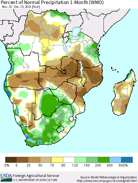 Southern Africa Percent of Normal Precipitation 1-Month (WMO) Thematic Map For 11/16/2021 - 12/15/2021